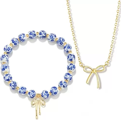 Bow Bracelet Necklace Set 14K Gold Beaded Bracelet Dainty Bow Pendant Choker Jewelry Gift Set