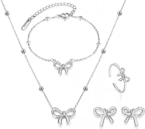 Bow Necklace Earrings Bracelet Set Bow Jewelry Set for Women Bowknot Pendant Chain Necklace Ribbon Stud Earrings Coquette Stuff Accessories Christmas Gifts