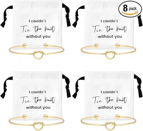 CEELGON 8 Pcs Jewelry Pouch Bridesmaid Gifts Set - 4 Linen Cotton Small Drawstring Bags & Knot Bracelet - Jewelry Packaging for Proposal, Bridal Party Favors (Gold)