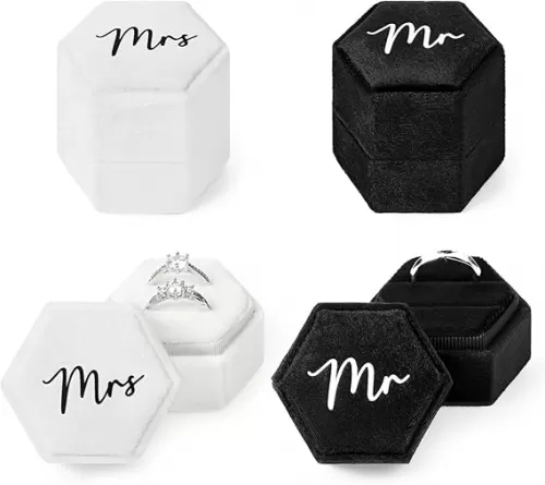 CEELGON Mr & Mrs Velvet Wedding Ring Box 2 Slots Cursive Hexagon Jewelry Ring Box for Wedding Day Ceremony Bridal Photography Gift Set of 2 (Black&White Lettering)