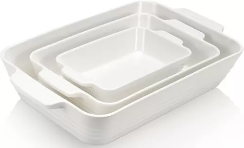 Ceramic Baking Dish Set, 3-Piece Casserole Dishes for Oven, Rectangular Baking Pans, Deep Lasagna Pans with Handles, Multi-Size Set for Cooking, Baking, Serving, and Gifting, White (16.1