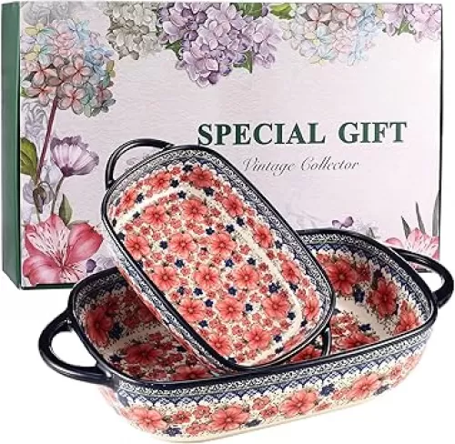 Ceramic Baking Dish Set of 2 – Decorative Polish Pottery Style Casserole Dishes with Handles, Cute Oven-Safe Lasagna Bakeware Gift Set