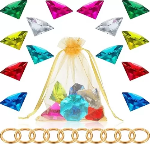 Chalyna 25 Pcs Acrylic Diamond Gem Jewelry Alloy Gold Round Ring Set Halloween Party Favor Pirate Treasure Hunting Cake Decor with Gift Bag for Birthday Party Supplies(Elegant Style, Gold)