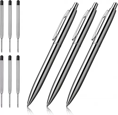ChaoQ 3 Pcs Retractable Metal Ballpoint Pens, for Gift, Business, Office, 1.0mm Medium Point Black Ink, 6 Extras Replaceable Metal Refills - Stainess Steel