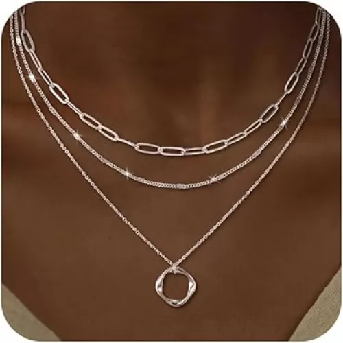 CHESKY Layered Silver Necklaces for Women Trendy, Streling Silver Dainty Stackable Charm Necklace for Womens Layering Paperclip Tennis Rope Chain Diamond Pendant Necklaces Jewelry Set for Women Gifts