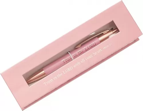 Christian Art Gifts Women's Retractable Ballpoint Scripture Pen in Case: Trust in the Lord - Proverbs 3:5 Inspirational Bible Verse with Pocket Clip, Black Ink & Matching Floral Box, Pink & Rose Gold