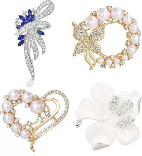 Coiris 4Pcs Brooches for Women Crystal Pearl Silver Gold Rhinestone Flower Heart Four-leaf Clover Swan Bridal Brooch for Wedding