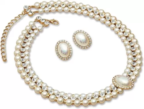 Costume Layered Twisted Gold Pearl Necklace Choker Chunky Glass Statement Pearl Necklace and Earring set, good gift for women Faux pearl necklace set imitation pearl necklace and earring