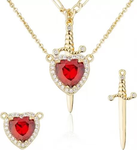 Couples Necklace 14K Gold Plated Sword and Heart Necklace Set Zirconia Sword Heart Couples for Women Gift for Valentine