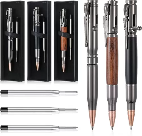 Crtiin 3 Sets Bolt Bullet Pens for Men Bullet Pen for Collector Lover with Gift Box and Black Ink Refills Christmas Thanksgiving Party Gifts(Wood Gray Black)
