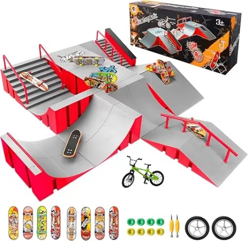 CS COSDDI Finger Skateboard Park Kits, 14 in 1 Skateboard Finger Toys with 8 Finger Skateboards & 14 Skatepark Deck Ramp, Finger Bike for Boys or Girls Gift, Mini Finger Skateboards Ramp Accessories Set
