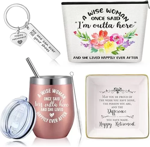 Cunhill 4 Pieces Retirement Gifts for Women 2025 Happy Retirement Presents for Tumbler Set Jewelry Tray Makeup Bag Keychain(Rose Gold, Cute)