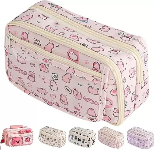 Cute Kawaii Pencil Case Pouch Cartoon Pen Box Holder Organizer for Office Workspace Supplies Desk Accessories Travel Essentials Aesthetic Trendy Cool Stuff Gift Large Capacity (Pink Kapibala)