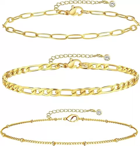Dainty Gold Layered Ankle Bracelet Stacks Set for Women, 3PCS Trendy non-Tarnish Paperclip Beads Link Stackable Rhinestone Anklet Summer Beach Fashion Jewelry Gift