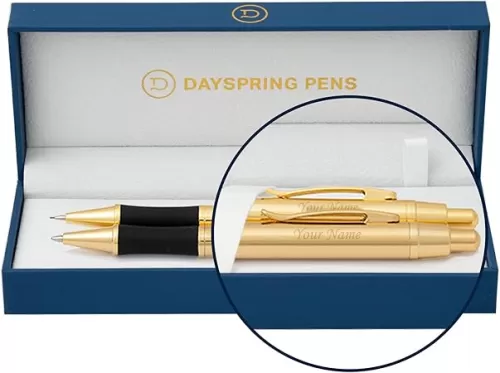 Dayspring Pens - Personalized Monroe 18 Karat Gold Plated Gift Pen and Pencil Set. Custom Engraved with Your Name, Great Gift for Man or Woman with Real Gold Plating. Gifting Case Included.
