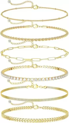 DEARMAY Gold Ankle Bracelets for Women Waterproof - Dainty 6Pcs 14K Gold Plated Anklets Layered Cuban Link Chain Herringbone Cute Anklets Set Pack Summer Beach Jewelry Gift for Women Teen