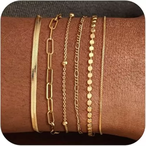DEARMAY Waterproof Gold Bracelets Set for Women Trendy, Dainty 14K Real Gold Plated Jewelry Fashion Stackable Tennis Beaded Figaro Herringbone Paperclip Link Bracelet Pack Stack Gifts for Women