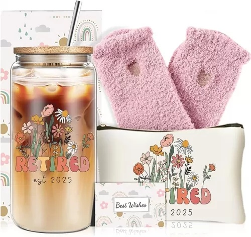 DHOH Retirement Gifts for Woman 2025.HappyRetirement Gift Set with Glass Cup, Farewell Going AwayLeaving Gifts for Retirees Teachers Moms Friends