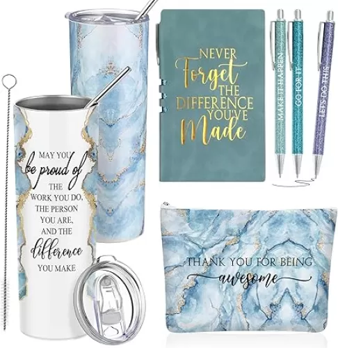 Domensi 6 Pcs Employee Appreciation Gift Set for Women Female Thank You Gift May You Be Proud 20 oz Rustic Blue Marble Sign Tumbler Makeup Bag Journal for Teacher Nurse Lady Work Business(Blue)