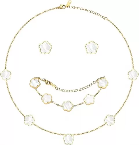 Double-Sided Clover Jewelry Set - 18K Gold Plated Flower Design Five Leaf Clover Bracelet Pendant Necklace And Stud Earrings For Women.Lucky Gifts For Mom Wife Daughter Friends