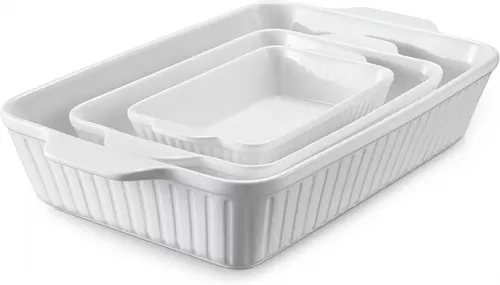 DOWAN Casserole Dishes for Oven, Baking Dishes Set, Ceramic Bakeware Sets of 3, Lasagna Pan Deep, Rectangular Baking Pan Set with Handles for Baking, Casserole, Kitchen, Wedding Gift, White (15.6