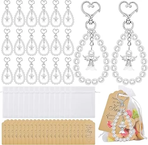 Dreamtop 20 Sets Angel Keychains Favor, Pearl Angel Keychain Gifts Bulk Guardian Angel Pendant Keychain with Thank You Tags Organza Bag for Wedding Baby Shower Baptism Party Favors for Guest
