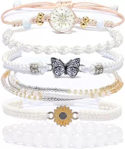 DS 6PCS String beads Charm Bracelets for Teen Girls Handmade Braided Rope Butterfly daisies Eternal flower Boho Surfer Bracelet for women Adjustable friendship Stretch birthday jewelry Gift Friends
