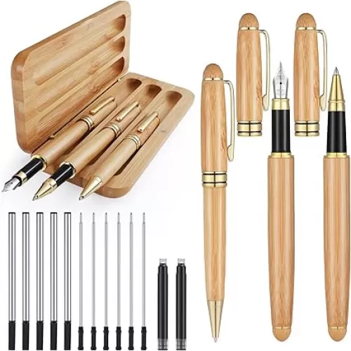 Eaasty 16 Pcs Wooden Pens Gift Set Including Fancy Fountain Ballpoint Gel Ink Pen Wood Box and 12 Pcs Refills for Teacher Father Appreciation Gifts Graduation Office School Supplies(Wood Color)