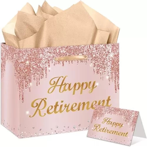 EIGHTSTATES Rose Gold Retirement Gift Bag Set - Elegant Happy Retirement Wrapping Paper with Card & Tissue Paper for Women, Teachers, Bosses, Colleagues Retired Party Decorations