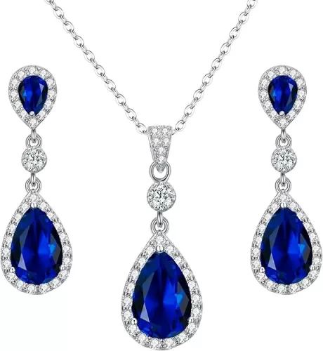 EleQueen 925 Sterling Silver Full Cubic Zirconia Teardrop Bridal Pendant Necklace Dangle Earrings Set, Valentine