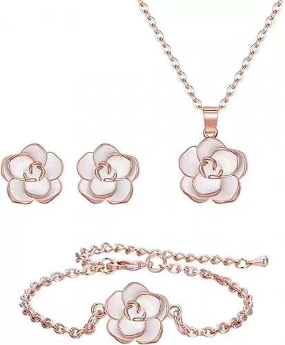 EleQueen Rose Flower Necklace Earrings Bracelet Set 14K Gold Plated Hypoallergenic Jewelry Sets Gift for Women
