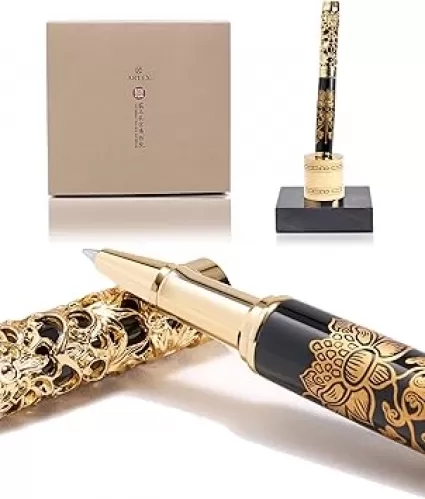 Executive Rollerball Pen Sets With Stand - Museum Art Collections - Crafting Timeless Beauty - Luxury Pen Gift & Office Desk Decor, German SCHMIDT refill, Solid Metal & Marble Texture