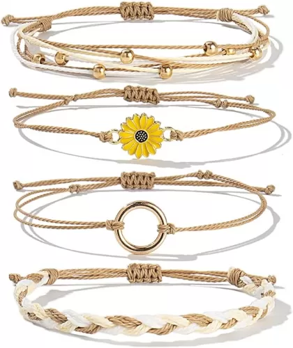 FANCY SHINY Sunflower String Bracelet Handmade Braided Rope Charms Boho Surfer Bracelet for Women Easter Gifts