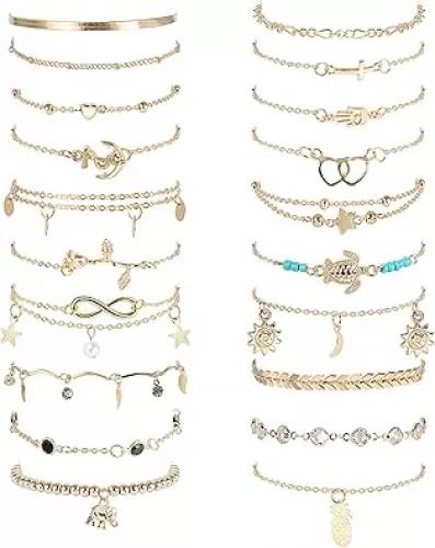 FASACCO 20Pcs Ankle Bracelets for Women Adjustable Beach Anklet Set Surfer Anklet Heart Star Turtle Infinite Anklets Foot Jewelry