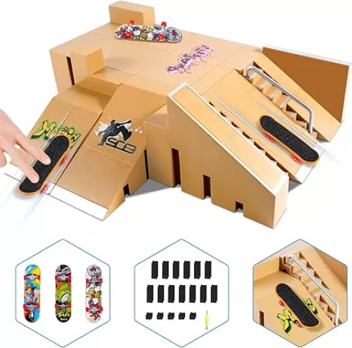 Fingerboard Skate Park Kit, Skateboard Finger Toys with 3 Finger Skateboards & 8 Skatepark Deck Ramp for Boys or Girls Gift, Mini Finger Board Skate Training for Kids Ages 5 and up