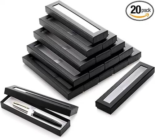 Frcctre 20 Pack Empty Pen Gift Box with Clear Lid, Pen Display Case Pencil Gift Box Black Cardboard Collection Case with Cushion, Ballpoint Jewelry Gift Box for Birthday Business Office Supplies