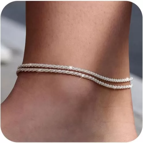 Freekiss Sterling Silver Ankle Bracelets for Women: Dainty Layered Waterproof Anklet for Women Adjustable Womens Anklet Set Stackable Figaro Beaded Cuban Link Anklets Beach Jewelry for Women