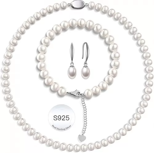 Freshwater Pearl Necklaces Set for Women Includes White Silver Pearl Bracelet and Pearl Diamond Stud Earrings Jewelry Set for Women Men Mother Wife Girlfriend Birthday Wedding Christmas Gifts