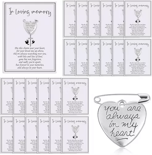 Funeral Memorial Heart Charm Keepsakes Message Charms Pendant with Cards and Safety Pins for Guest Funeral Mourning Event Brooch Sympathy Gifts