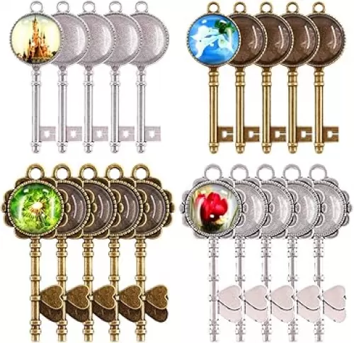 Glarks 48-Pieces Vintage Pendant Trays Set, 24pcs Skeleton Keys Pendant Trays with 24pcs Bright Glass Dome Tiles Cabochon for DIY Wedding Party Gifts Jewelry Necklace Pendants Decoration