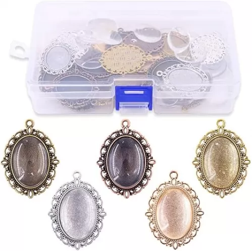 Glarks 70Pcs Oval Pendant Set, 35Pcs 5 Colors Pendant Trays and 35 Pieces Bright Glass Cabochon Dome Tiles for Bracelet Necklace Crafting DIY Jewelry Gift Making