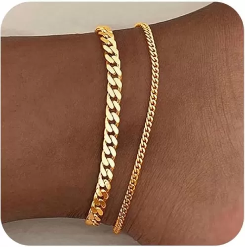 Gold Ankle Bracelets for Women, 14k Silver/Gold Anklets for Women Waterproof Layered Figaro Cuban Link Cuban Anklet Set Silver Ankle Bracelets for Women Summer Beach Jewelry Gifts