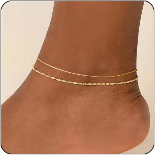 Gold Ankle Bracelets For Women Waterproof, 18k Gold Plated Anklets Layered Thin Snake Chain Herringbone Anklets Non Tarnish Stainless Steel Dainty Summer Jewelry Set Gift For Women