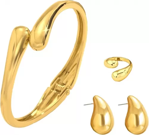 Gold Bangle Bracelet Teardrop Earring Rings Sets for Women Teens, 14K Plated Trendy Chunky Adjustable Jewelry Sets Gift