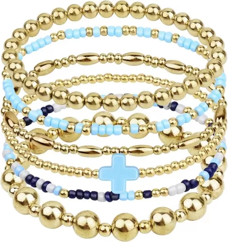 Gold Beaded Bracelets for Women: 14K Gold Bracelets for Women Trendy Dainty Gold Ball Bracelet Stack for Womens - Boho Stretch Bracelets Jewelry Sets with Cross Fashion Accessories Gifts for Women