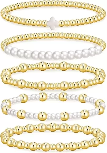 Gold Beaded Bracelets for Women, 14K Real Gold Plated Jewelry for Women Dainty Pearl Bead Bracelets Stack, Non Tarnish Trendy Stackable Ball Cross Stretch Bracelet Set Fashion Accessories Gifts for Women