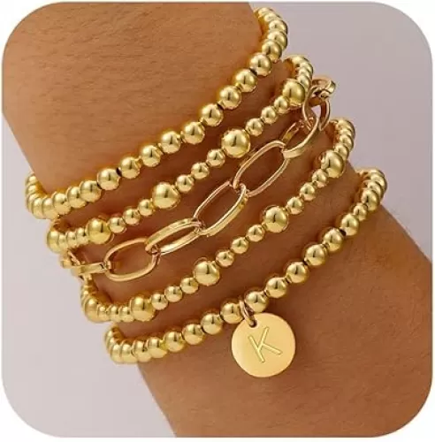 Gold Beaded Bracelets for Women, 18K Gold Plated Initial A-Z Stretch Bead Ball Stackable Bracelet with Letter Jewelry Set Gifts