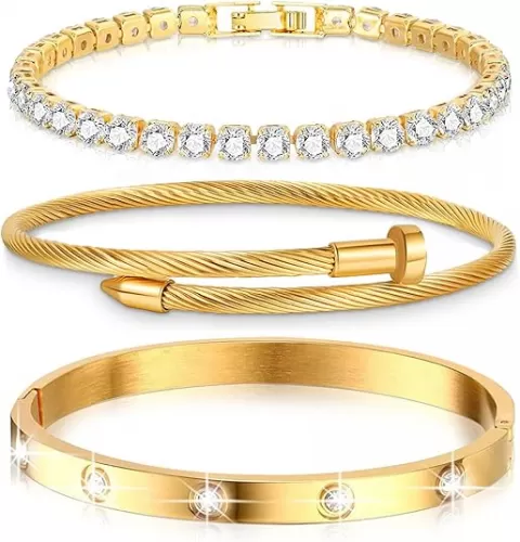 Gold Bracelets for Women, 18K Gold Plated Love Bangle Bracelet Set, Crystal Stackable Bangles with Friendship Waterproof, Bracelets Stack Tarnish Free Gold Jewelry Set, Fashion Accessories Gifts