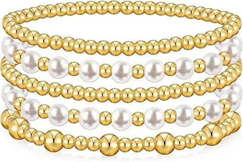 Gold Bracelets for Women Gold Bracelet Stack Pearl Beaded Bracelets for Women 14K Gold Plated Stretch Bead Ball Bracelet Sets Jewelry for Mother