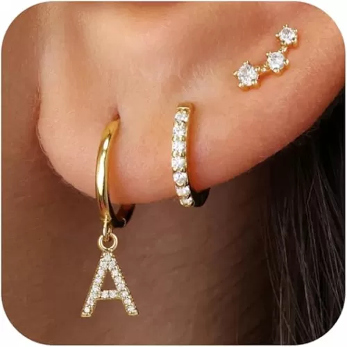 Gold Earrings for Women Girls - 3 Pairs Gold Studs Huggie Hoop Earrings with Initial Dangle Cartilage Earrings for Girls Hypoallergenic Earring Set for Multiple Piercing Gifts for Women